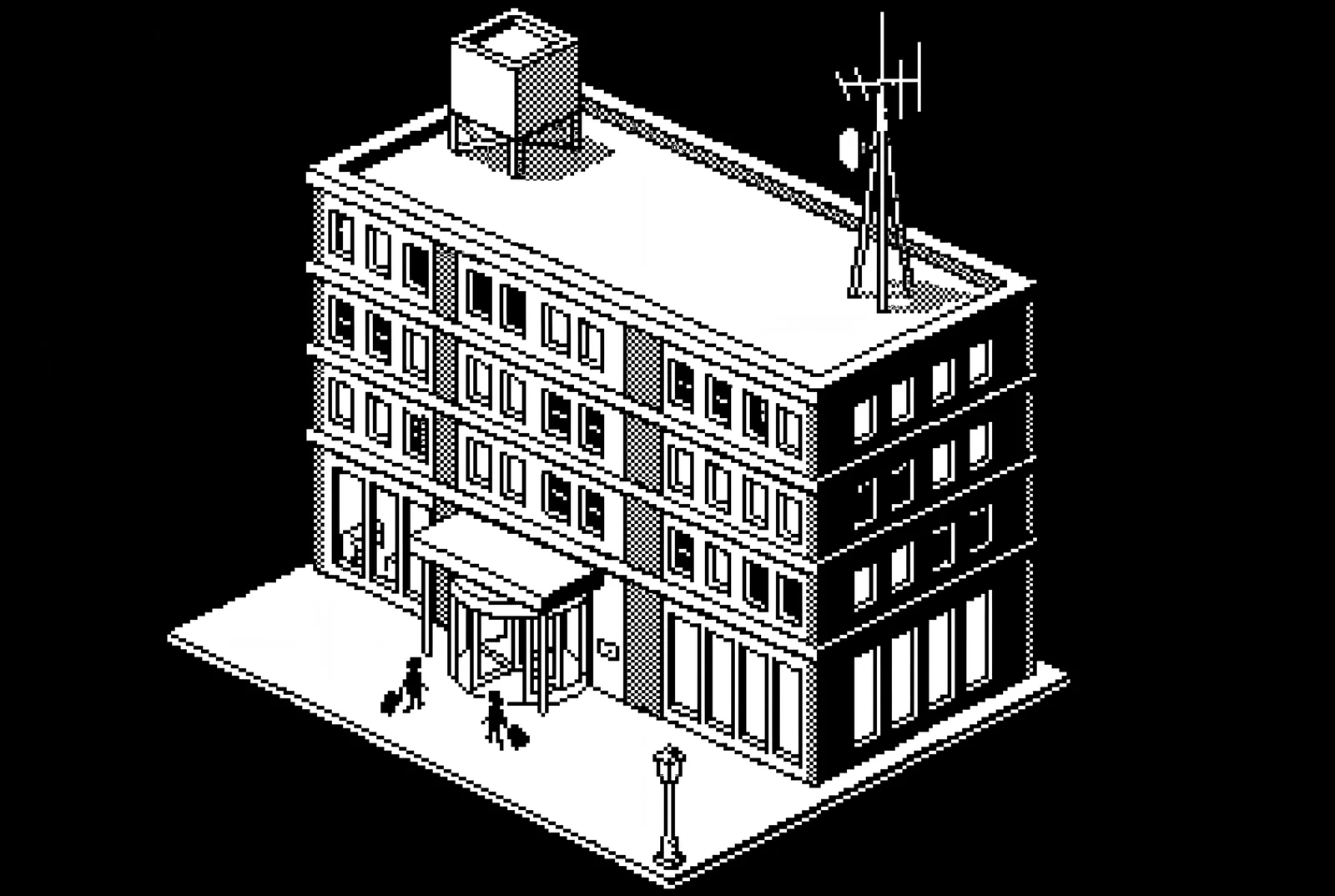 The hotel: five storeys of white pixels on black, a revolving door under a canopy, two guests walking in with suitcases